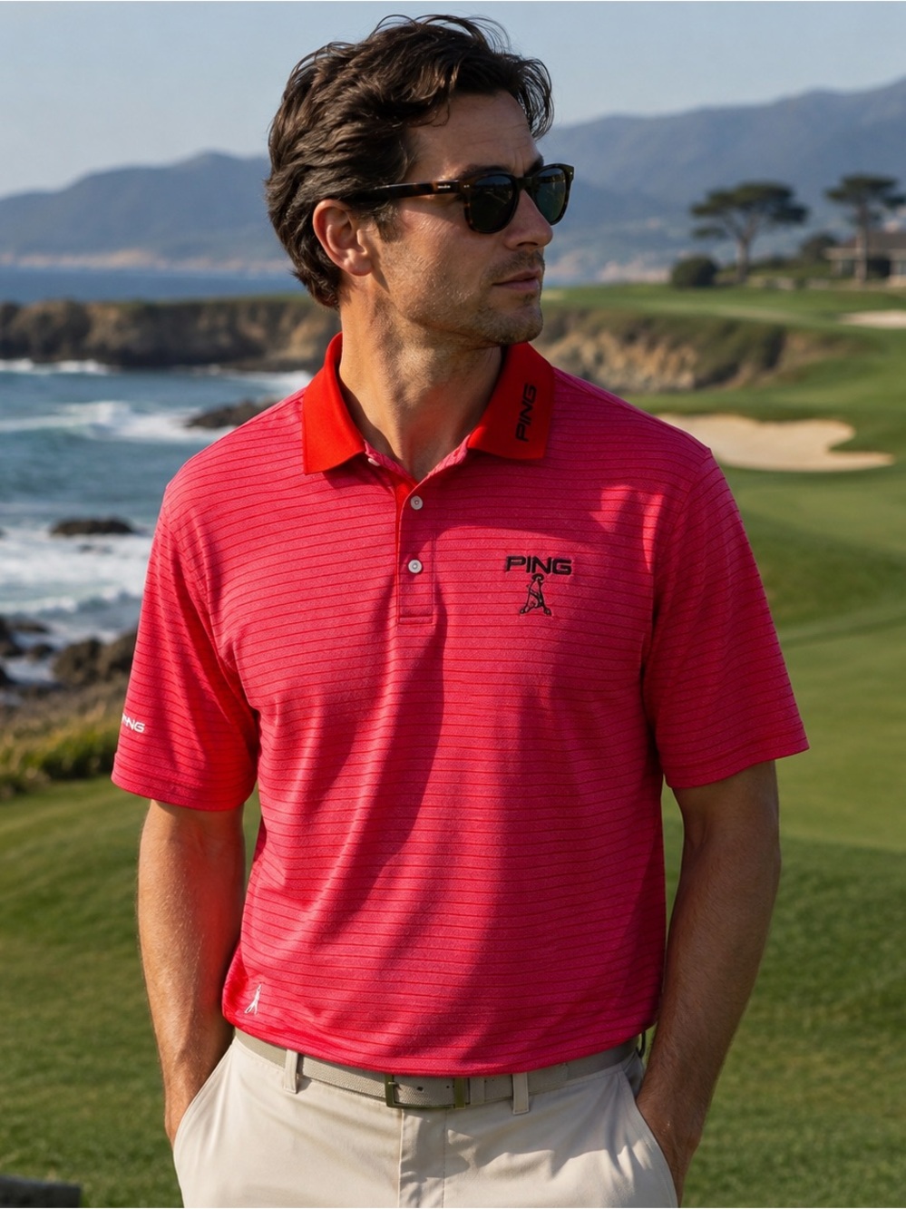 PING Golf Polo Shirt Mens XXL Red Striped Mr. PING Logo Short Sleeve Performance